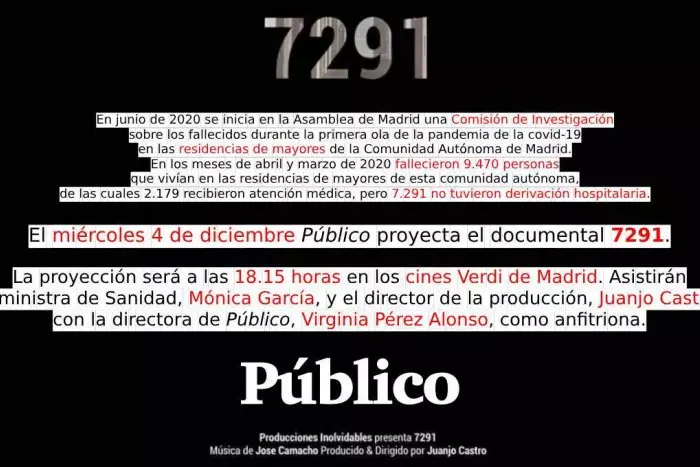 'Público' proyecta el documental '7291' sobre las muertes de mayores por covid-19 en las residencias de Madrid