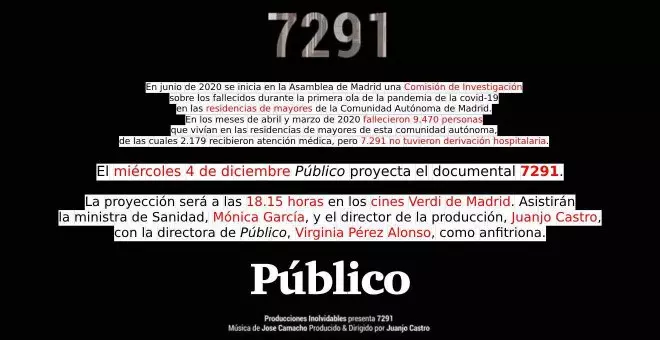 'Público' proyecta el documental '7291' sobre las muertes de mayores por covid-19 en las residencias de Madrid