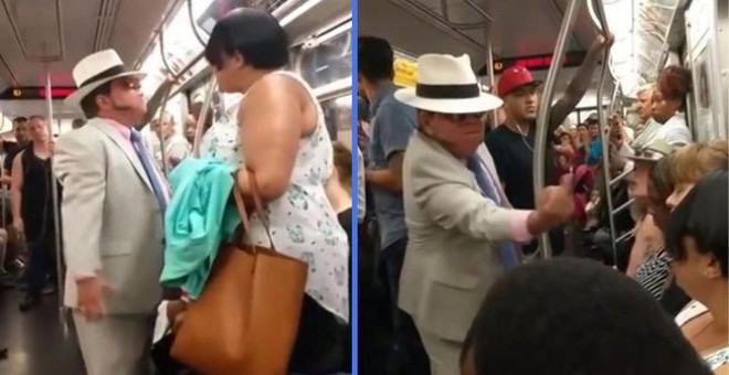 Captura del vídeo que muestra el momento en el que el individuo se encara a la mujer de raza negra que le ha 'robado' el asiento./Informativos Telecinco