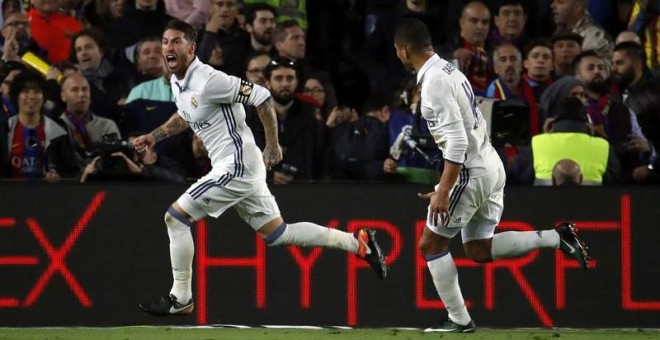 Ramos celebra su gol al Barcelona. EFE/Alberto Estévez