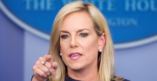 18/06/2018.- La secretaria de Seguridad Nacional de Estados Unidos, Kirstjen Nielsen, habla durante una conferencia de prensa en la que uno de los temas centrales fue el tema de inmigración y la separación de familias hoy, lunes 18 de junio de 2018, en la