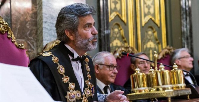 17/09//2018.- El presidente del Tribunal Supremo, Carlos Lesmes, durante su intervención hoy en el acto de toma de posesión de los cuatro nuevos magistrados del alto tribunal, entre ellos la que fue juez de la Audiencia Nacional Carmen Lamela, y del nuevo