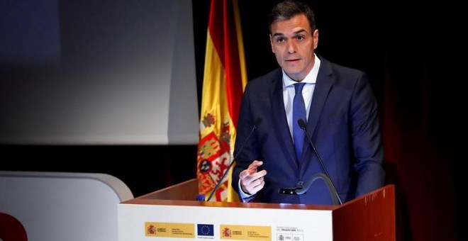 Pedro Sánchez, durante su intervención en la inauguración del Encuentro Futuro+Progreso+FP en el museo del Prado. EFE/Chema Moya