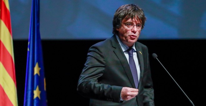 El ex presidente de la Generalitat Carles Puigdemont durante el acto de presentación del Consell per la República en Bruselas. EFE/Stephanie Lecocq