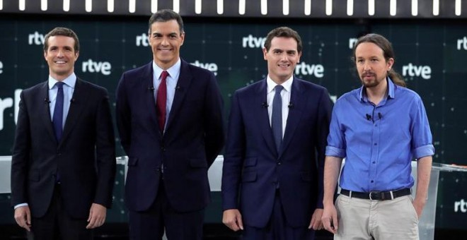 Los principales candidatos a la Presidencia del Gobierno en las elecciones generales, Pablo Casado (PP), Pedro Sánchez (PSOE), Albert Rivera (Cs) y Pablo Iglesias (Unidas Podemos). -EFE