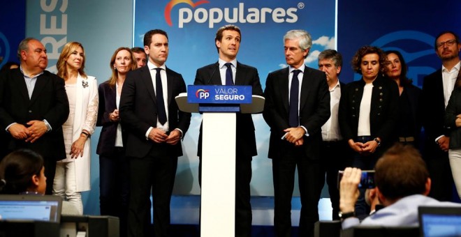 El presidente del PP, Pablo Casado, con sus equipo, valora los resultados de las elecciones del 28-A, en la sede del partido en la madrileña calle de Génova. REUTERS/Juan Medina