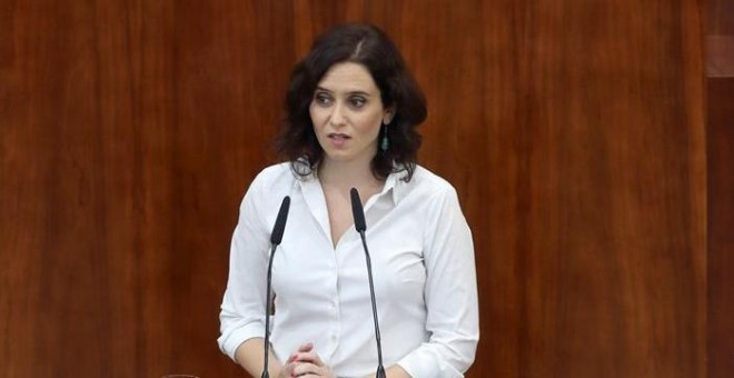 Isabel Díaz Ayuso durante el tramo final de su intervención en el debate de investidura donde ha sido elegida presidenta de la Comunidad de Madrid con los votos de PP, Cs y Vox. EFE/ Kiko Huesca