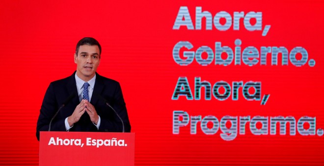 El secretario general del PSOE y presidente del Gobierno en funciones, Pedro Sánchez, durante la presentación del programa electoral de su partido para las elecciones del 10 de noviembre. EFE/Chema Moya