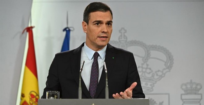 11/12/2019.- El líder del PSOE y presidente del Gobierno en funciones, Pedro Sánchez, durante la rueda de prensa ofrecida en el Palacio de la Moncloa después de que el rey de España le designara como candidato a presidente del Ejecutivo aunque todavía no