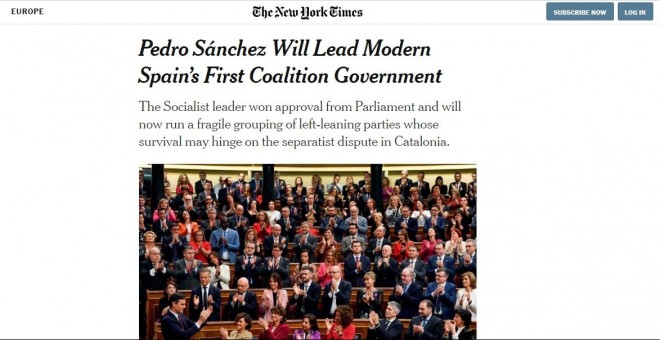 Captura de pantalla de la noticia sobre la investidura de Pedro Sánchez en el medio 'The New York Times'