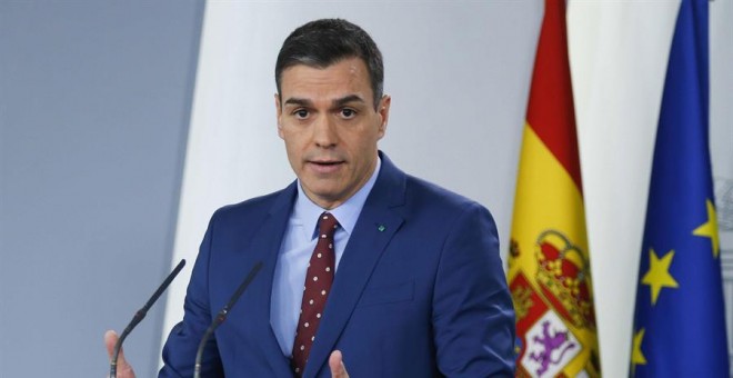 MADRID, 12/01/2020.- El presidente del Gobierno, Pedro Sánchez, en una comparecencia en el Palacio de la Moncloa, ha garantizado el 'firme propósito de unidad' de su Ejecutivo de coalición entre el PSOE y Unidas Podemos que 'tendrá varias voces, pero una