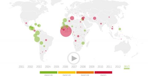 Mapa en el que se observa la distribución de la ayuda española en 2013. OXFAM