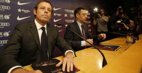 Sandro Rosell junto a Josep Maria Bartomeu en la despedida del primero.