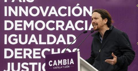 El secretario general de Podemos, Pablo Iglesias, durante un mitin celebrado hoy en Zamora./EFE