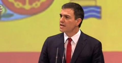 Pedro Sánchez, durante su mitin tras ser ratificado candidato a la presidencia del Gobierno.