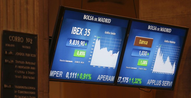 El principal indicador de la bolsa española, el Ibex 35, ha recuperado los 10.100 puntos, tras subir casi un 4%, pese al desplome de las bolsas asiáticas. EFE/Paco Campos