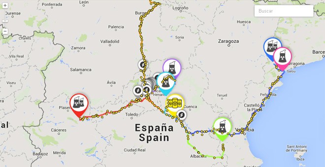 Mapa de las rutas de los residuos nucleares diseñado por Greenpeace.