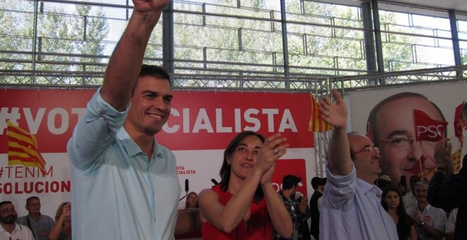 El secretario general del PSOE, Pedro Sánchez, durante el acto en Girona para apoyar a Miquel Iceta, el candidato del PSC a las elecciones de Catalunya./ EUROPA PRESS