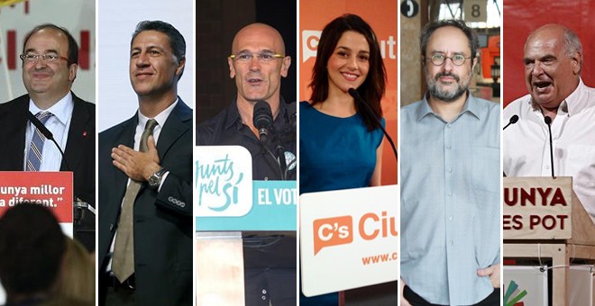 Los seis principales caebza de lista del 27-S: Miquel Iceta (PSC), Xavier García Albiol (PPC), Raül Romeva (Junts pel Sí), Inés Arrimadas (Ciutadans), Antonio Baños (CUP), y Lluis Rabell (Sí que es Pot).