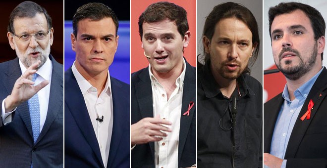 De derecha a izquierda: Mariano Rajoy, Pedro Sánchez, Albert Rivera, Pablo Iglesias y Alberto Garzón, los principales candidatos a la presidencia del Gobierno.