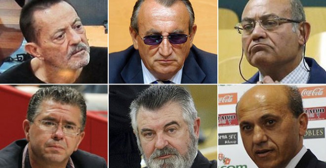 De izquierda a derecha y de arriba a abajo: Julián Muñoz, Carlos Fabra, Gerardo Díaz Ferrán, Francisco Granados, Juan Antonio Roca y José María Del Nido.