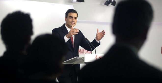 El secretario general del PSOE, Pedro Sánchez, durante la rueda de prensa del miércoles en Ferraz. /EFE