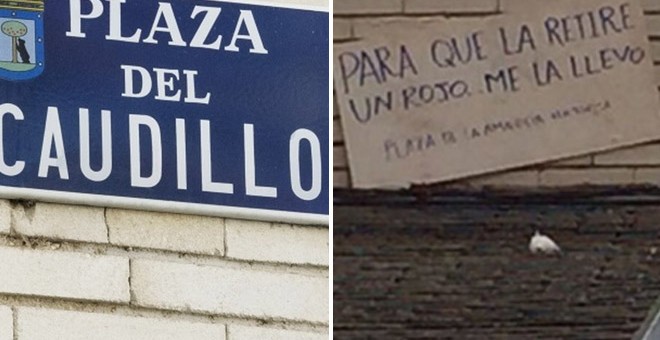 A la izquierda, la placa de la plaza de El Caudillo. A la derecha, el cartel de cartón que ha dejado la persona que se ha llevado la placa.