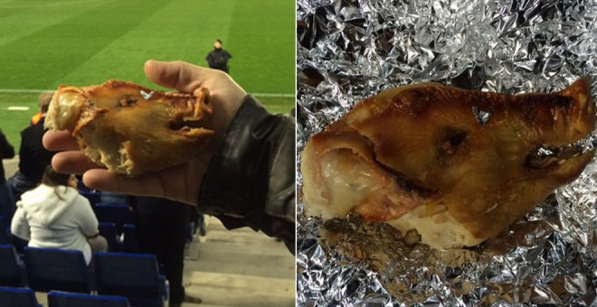 La cabeza de cochinillo que unos aficionados metieron en el estadio Cornellá.