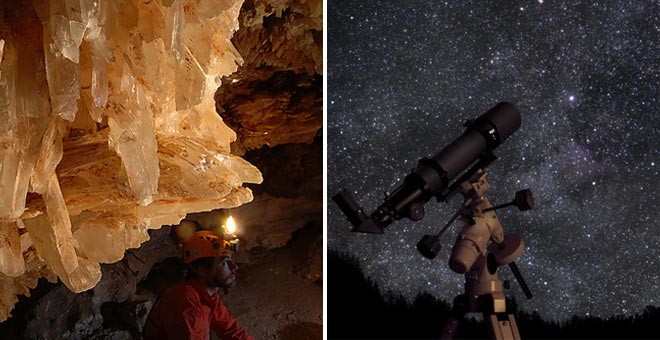 Mina de 'lapis specularis' en Saceda del Río (Cuenca) y un telescopio de observación frente a un cielo nocturno. /ALS-Omsi