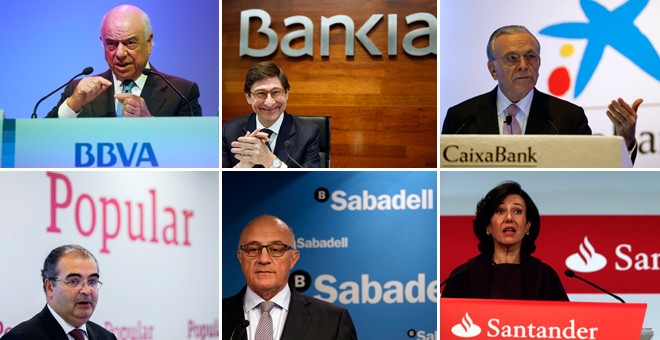 Los presidentes de los seis grandes bancos españoles, de izquierda a derecha y de arriba abajo: Francisco González (BBVA); José Ignacio Goirigolzarri (Bankia); Isidre Fainé (Caixabank); Ángel Ron (Popular); Josep Oliú (Sabadell); y Ana Patricia Botíon (Sa