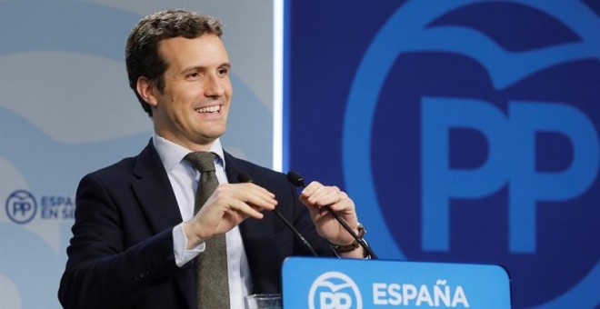 Pablo Casado, vicesecretario de comunicación del Partido Popular, en rueda de prensa. EFE/Ballesteros