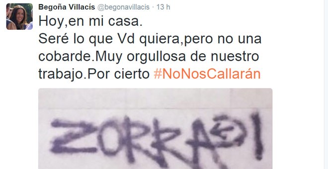 Tuit de la concejal de C's en Madrid Begoña Villacís denunciando pintadas en su casa.