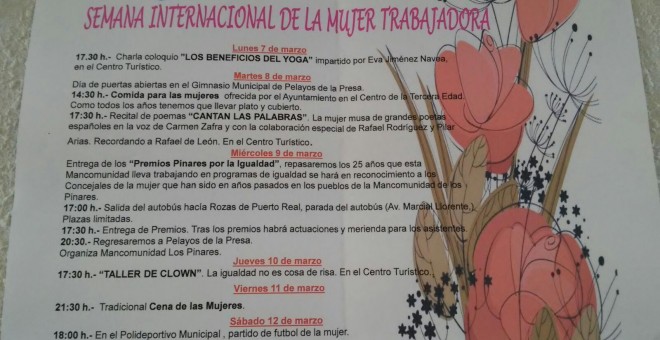 Cartel informativo de la Semana Internacional de la Mujer Trabajadora de Pelayos de la Presa que omite el sitio donde se celebrará la 'Tradicional Cena de Mujeres'.