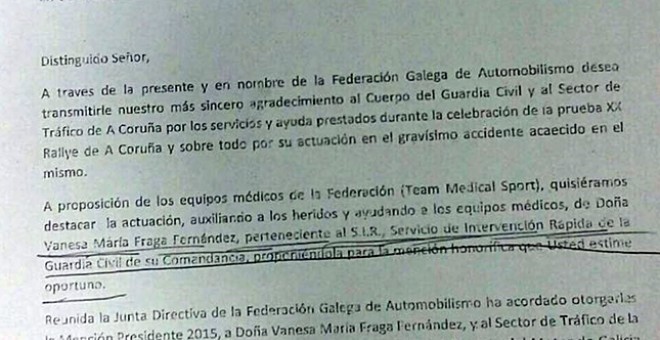 Carta del presidente de la Federación Gallega de Automovilismo en la que felicita a los agentes y propone una condecoración para Vanesa Fraga.