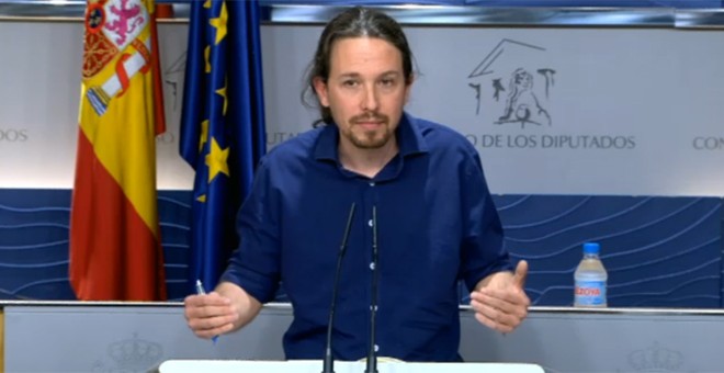 Pablo Iglesias, en la rueda de prensa tras su reunión con el líder socialista Pedro Sánchez.