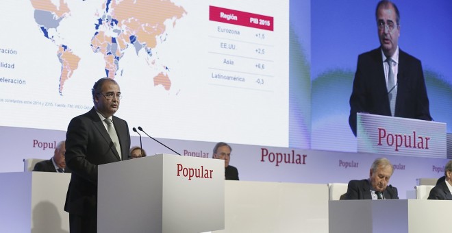 El presidente del Banco Popular, Ángel Ron, durante su intervención ante la junta general ordinaria de accionistas. EFE/Paco Campos