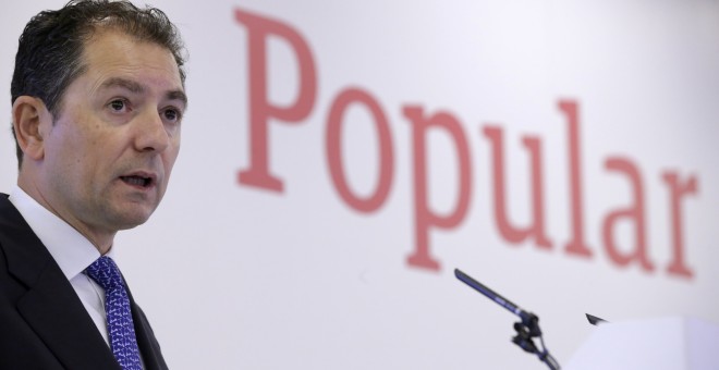 El consejero delegado del Banco Popular, Francisco Gómez Martín, durante la rueda de prensa en la que ha presentado los resultados de la entidad correspondientes al primer trimestre del año. EFE/Zipi