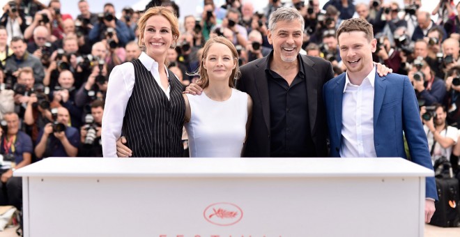 El reparto de 'Money Monster' durante la presentación en Cannes.