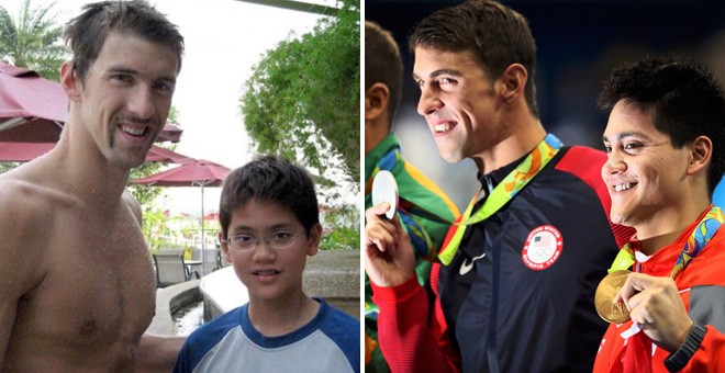 Ocho años separan estas imágenes: Joseph Schooling logró hacerse una foto con su ídolo, el nadador estadounidense. Michael Phelps, durante los Juegos Olímpicos en Pekín. Ahora vuelve ha fotografiarse a su lado, pero esta vez en el podio de los JJOO de Río