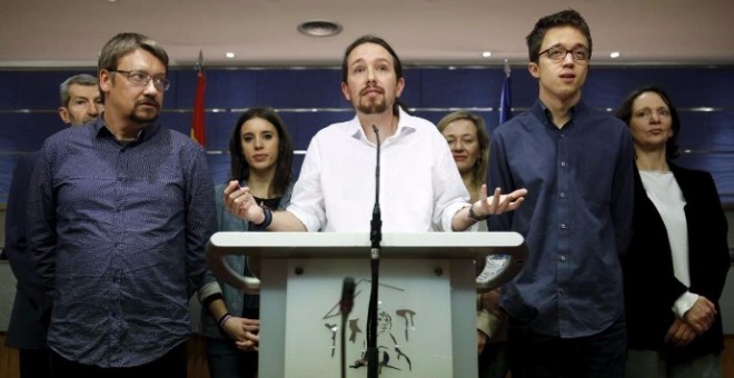 Pablo Iglesias, en una rueda de prensa junto a Irene Montero, Iñigo Errejon, Xavier Domènech y Carolina Bescansa. Archivo EFE