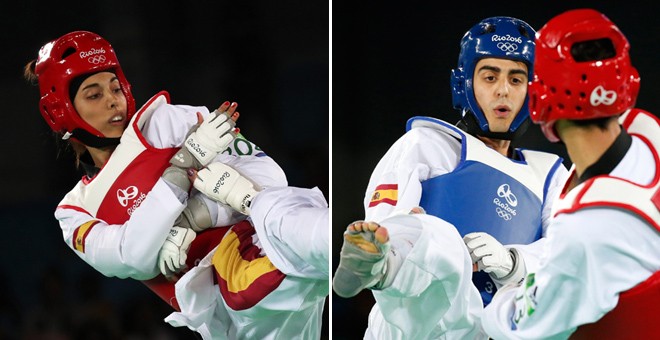 Los luchadores de taekwondo Eva Calvo y Joel González, durante su respectivos combates en los JJOO de Rio. EFE