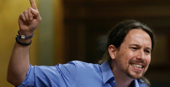 El líder de Podemos, Pablo Iglesias, durante su discurso durante la investidura de Mariano Rajoy, en el Congreso.- REUTERS