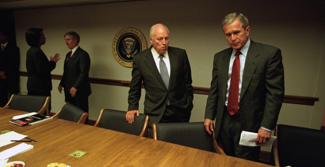 A file handout photo dated 11 September 2001 and provided by the US National Archives via the Vice Presidential Records of the Photography Office on 25 July 2015 shows former US President George W. Bush (R) and former US Vice President Dick Cheney in the