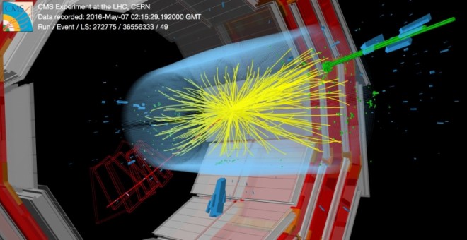 Imagen de una collision proton-protón obtenida en el detector CMS del LHC el pasado 7 de mayo.- TOM MCCAULEY/CMS