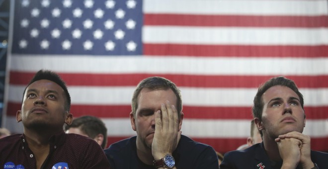 Votantes que apoyan a la candidata demócrata Hillary Clinton reaccionan a los resultados de las elecciones en Nueva York, EEUU. / REUTERS