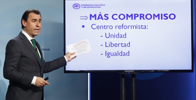 El vicesecretario de Organización y Electoral del PP, Fernando Martínez Maillo, durante la presentación de las líneas básicas de la Ponencia Política y de Estatutos que se llevará al congreso nacional del partido en febrero. EFE/Ballesteros