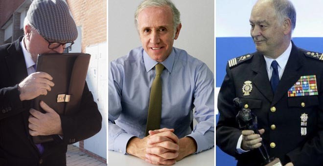 De izquierda a derecha, el excomisario José Manuel Villarejo, el periodista Eduardo Inda, y el ex número dos de la Policía Eugenio Pino. EFE