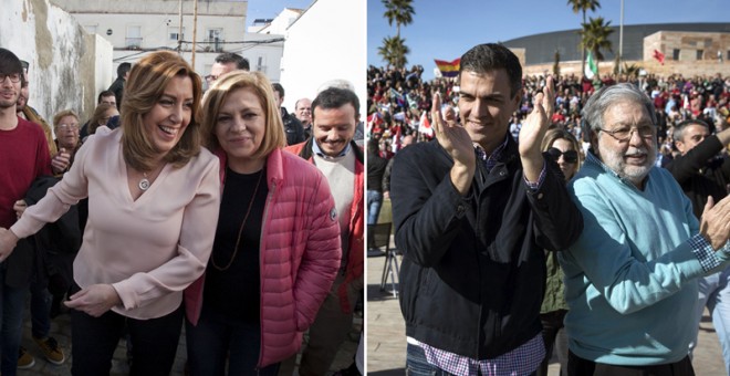 La presidenta de la Junta de Andalucía y líder del PSOE-A, Susana Díaz, junto a la eurodiputada Elena Valenciano, y el ex secretario general del PSOE, Pedro Sánchez, con el alcalde de Dos Hermanas, Francisco Toscano, en sus respectivos actos políticos de