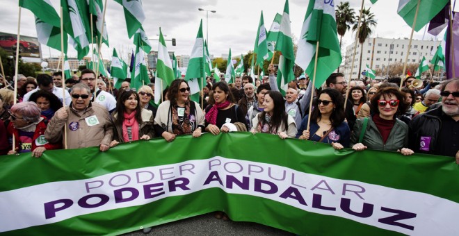 La coordinadora de Podemos Andalucía, Teresa Rodríguez, durante su participación en la manifestación del 28-F convocada por la Marcha de la Dignidad.EFE/Pepo Herrera