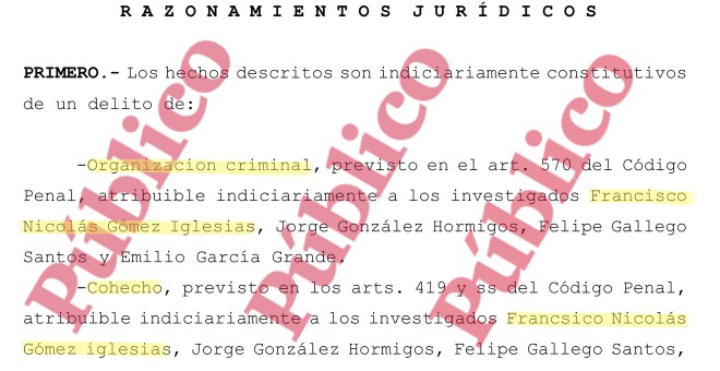 Fragmento del auto del juez Zamarriego en el que considera probados los delitos de 'organización criminal' y de 'cohecho', cometidos por el 'pequeño Nicolás' y sus cómplices.